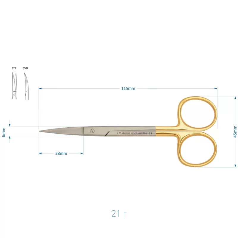 Ножницы хирургические Ирис (Iris) TC Gold, 115 мм прямые