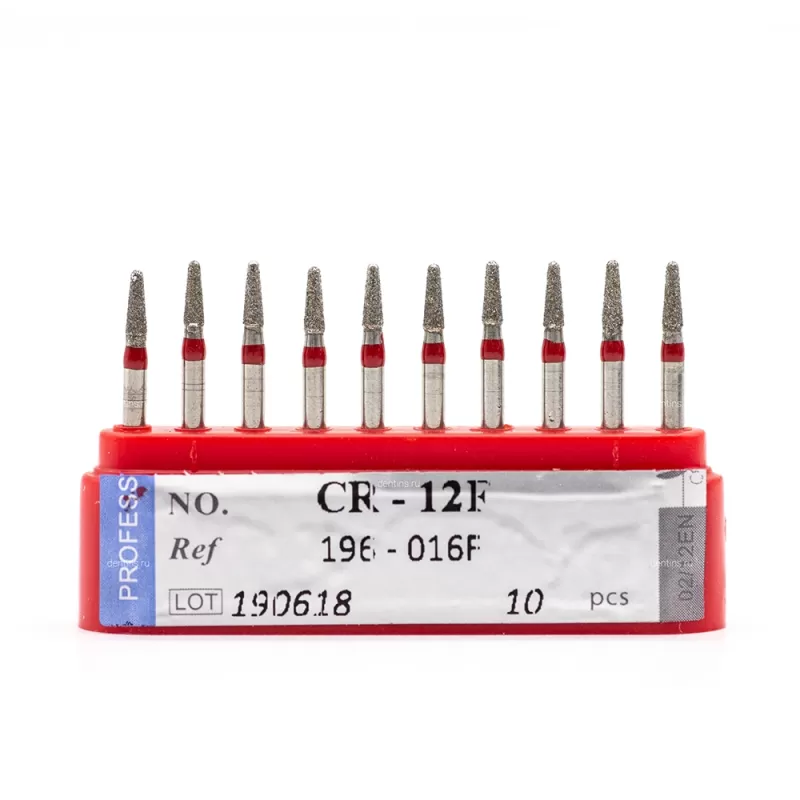 Бор алмазный для турбинного наконечника (1.6 мм FG), конусовидный с закругленным концом, красный, 1,6х4 мм, 10 шт