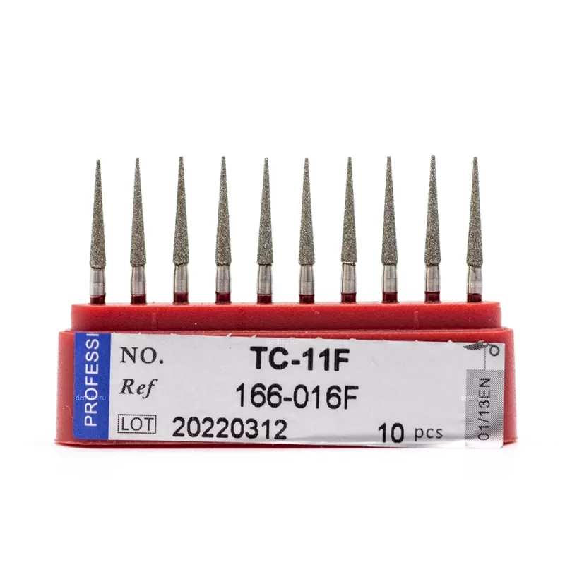 Бор алмазный для турбинного наконечника (1.6 мм FG), пиковидный, красный, 1,4х10 мм, 10 шт