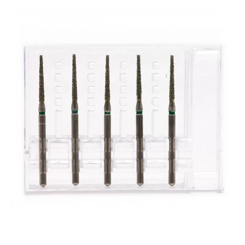 Бор алмазный для турбинного наконечника (1.6 мм FG), конусовидный (с плоским концом) на длинной ножке, зеленый, 1,4х10 мм, 5 шт