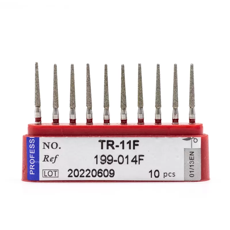 Бор алмазный для турбинного наконечника (1.6 мм FG), конусовидный с закругленным концом, красный, 1,4х10 мм, 10 шт