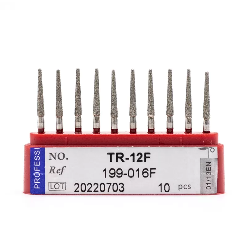 Бор алмазный для турбинного наконечника (1.6 мм FG), конусовидный с закруглённым концом, красный, 1,6х10 мм, 10 шт