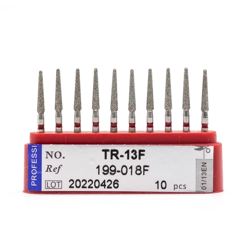 Бор алмазный для турбинного наконечника (1.6 мм FG), конусовидный конусный с закруглённым концом, красный, 1,8х9 мм, 10 шт