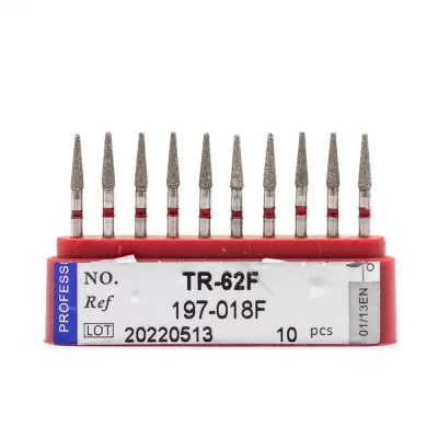 Бор алмазный для турбинного наконечника (1.6 мм FG), конусовидный конусный с закруглённым концом, красный, 1,8х6,5 мм, 10 шт