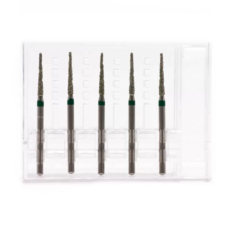 Бор алмазный для турбинного наконечника (1.6 мм FG), конусовидный (с закругл. концом) на длинной ножке, зеленый, 1,4х10 мм