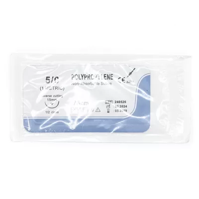 Хирургический шовный материал мононить полипропилен, нерассасывающийся, обратнорежущий 5/0, 1/2, 1 игла 15 мм